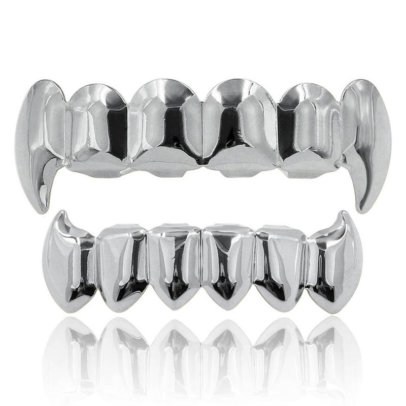 JINAO Silver Vampire Fangs Teeth Grillz Face 18K Gold Plated Top Bottom Grills for Your Teeth Set for Men and Women Hip Hop Jewelry (Silver grillz) - Image 1